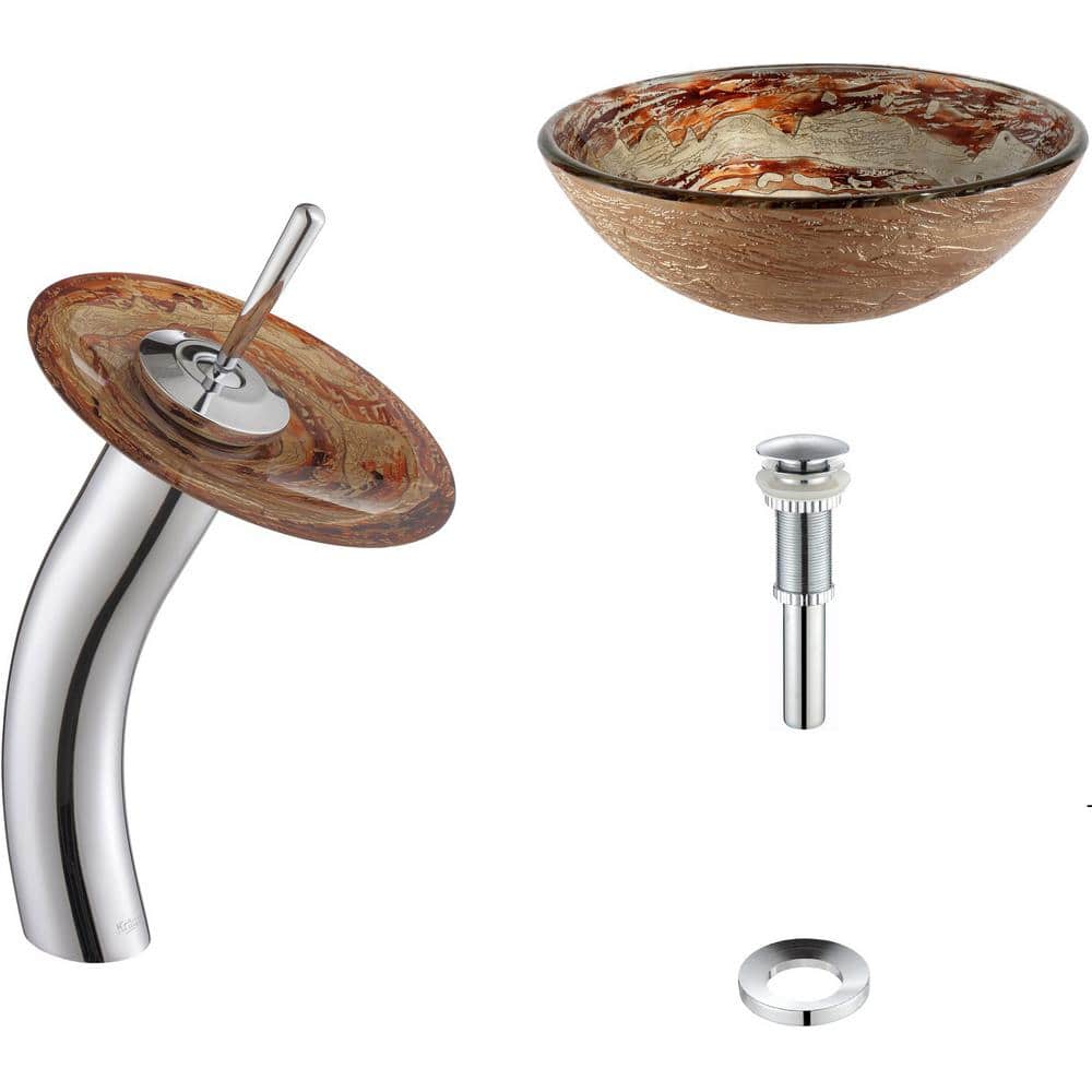 Copper and Gold Glass Round Vessel Sink with Chrome Waterfall Faucet