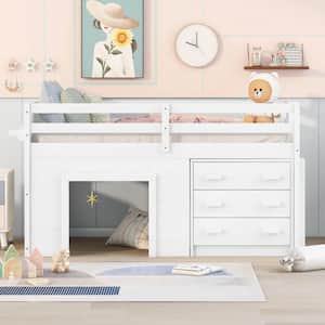 White Twin Loft Bed Frame with Storage Drawers, Solid Wood Low Loft Bed with Cabinet and Shelf for Kids Girls Boys