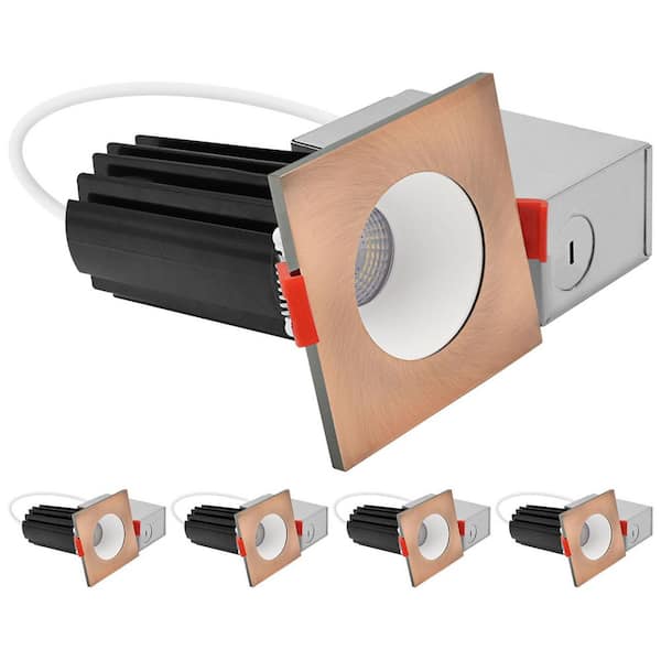 2 In. Integrated LED Recessed Canless Light with Square Copper Interchangeable Trim 5CCT, 1000LM, 15W, Dimmable 4 Pack
