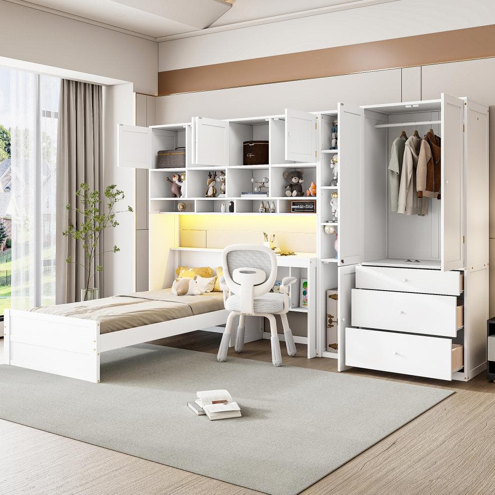 White Wooden Twin Size Platform Bed with Desk, Wardrobe, Cabinets, Drawers and Shelves price history on PriceWatchPro