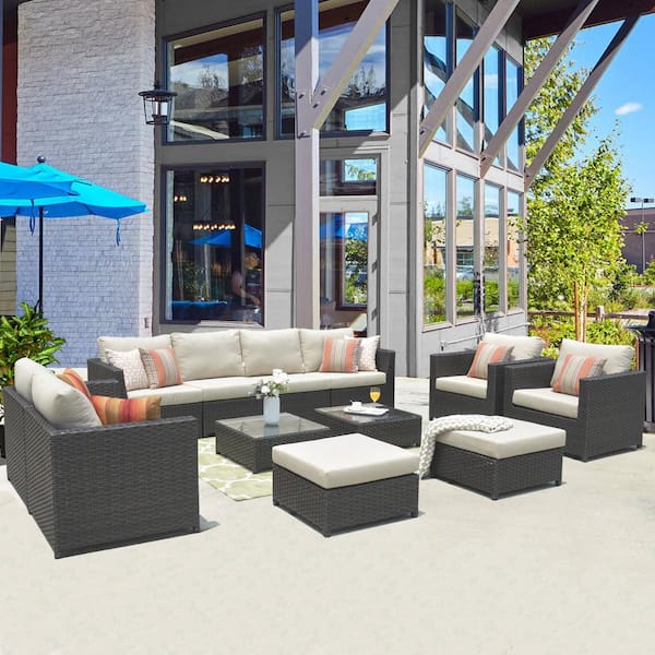 OVIOS Wassilka 12-Piece Big Size Wicker Patio Conversation Set with Sunbrella Beige Cushions