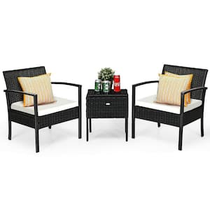 3-Piece Wicker Outdoor Patio Rattan Bistro Furniture Set with White Cushion and Storage Table