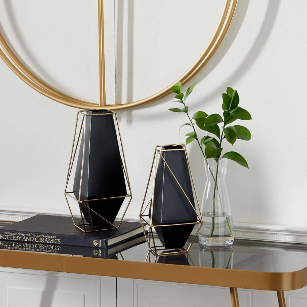 Eclectic Black and Gold Metal Geometric Vase Duo