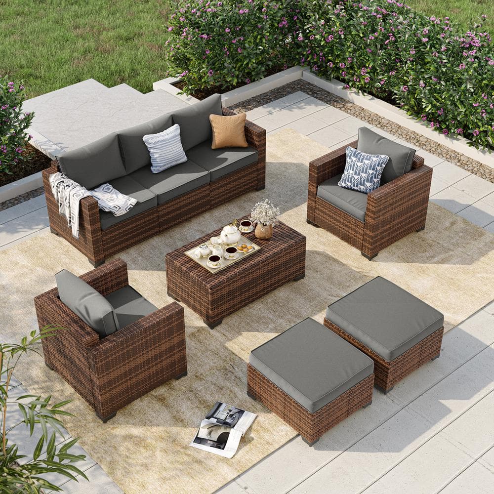 7-Seat 6-Piece Rattan Wicker Outdoor Patio Conversation Sectional Deep Seating Sofa Set with Gray Cushions, Storage Box price history on PriceWatchPro