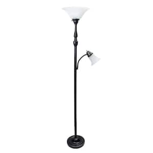 71 in. Restoration Bronze and White Torchiere Floor Lamp with 1 Reading Light Marble Glass Shades