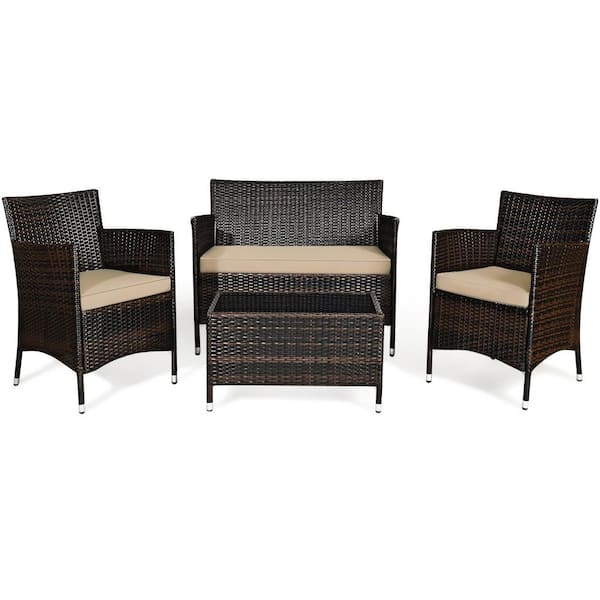 Gtnali 4-Piece Rattan Wicker Patio Conversation Set with Tempered Glass Coffee Table and Light Brown Cushions