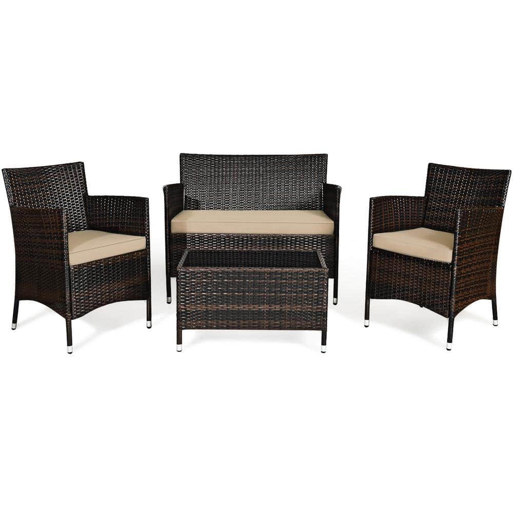 4-Piece Rattan Wicker Patio Conversation Set with Tempered Glass Coffee Tab