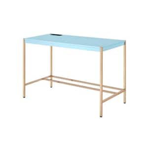 20 in. Rectangular Blue and Gold Wood Top 0-Drawer Writing Desk with USB Dock and Metal Legs