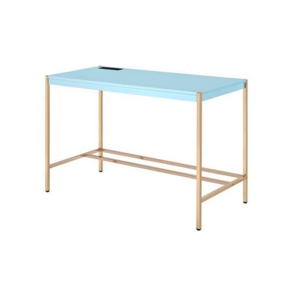 Benjara 20 in. Rectangular Blue and Gold Wood Top 0-Drawer Writing Desk with USB Dock and Metal Legs
