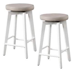 Serena 24 in. White Leg Backless Wood Counter Stool with Beige Fabric Seat, Set of 2