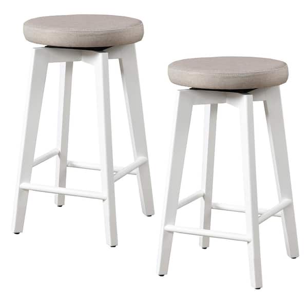 LuXeo Serena 24 in. White Leg Backless Wood Counter Stool with Beige Fabric Seat, Set of 2