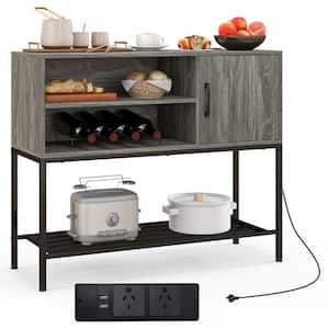 Grey and Black MDF 40 in. Buffet Sideboard with Power Outlets and USB Ports Wine Racks and Storage Shelves