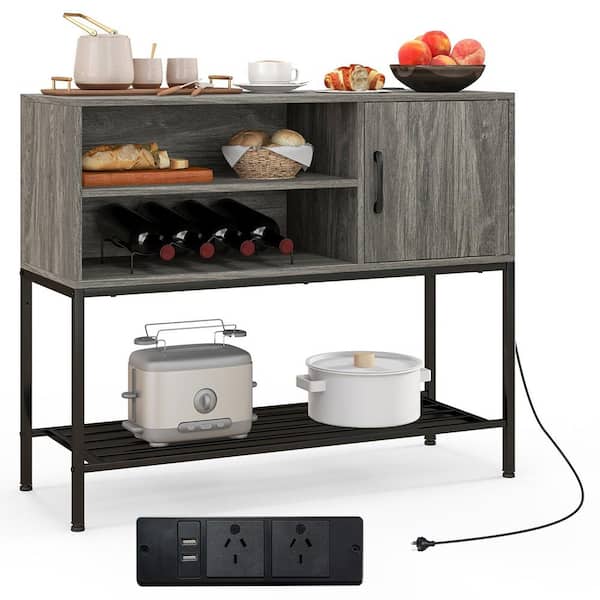 Gymax Grey and Black MDF 40 in. Buffet Sideboard with Power Outlets and USB Ports Wine Racks and Storage Shelves