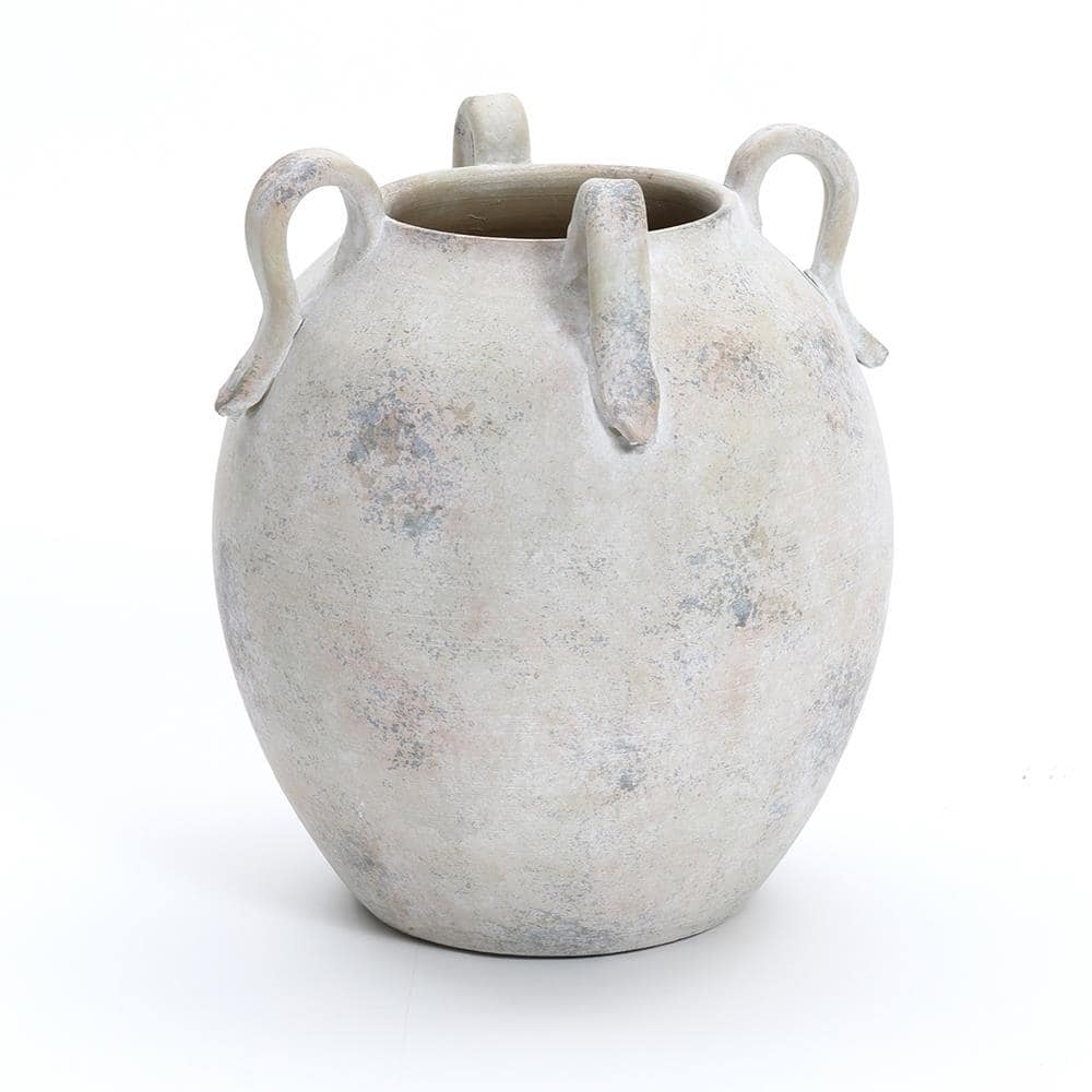 Handcrafted Gray and White Ceramic Vase with Handles