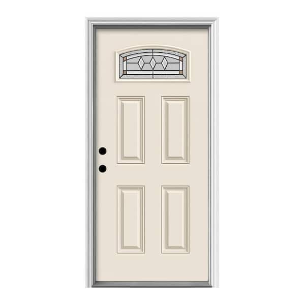 JELD-WEN 32 in. x 80 in. 4 Panel Right-Hand/Inswing 1/4 Lite Decorative Glass Primed Fiberglass Prehung Front Door w/Brickmould