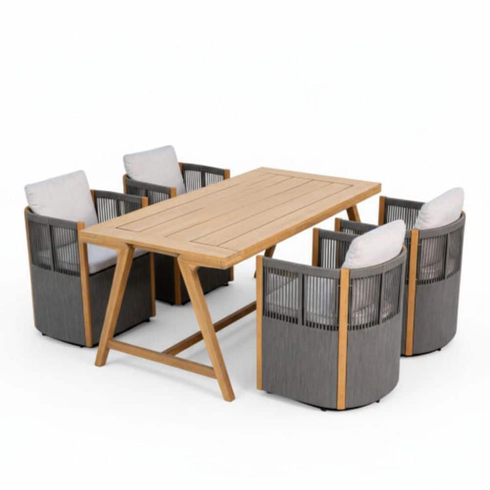 Helenae 5-Piece Wood Patio Outdoor Dining Set with Beige Cushions and Grey Rope Wicker Swivel Chairs (Seats 4) price history on PriceWatchPro