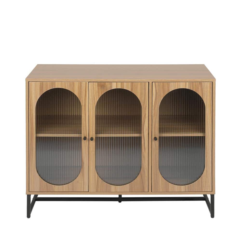 40.67 in. W x 15.75 in. D x 33 in. H Natural Beige Linen Cabinet with Glass Doors and Adjustable Shelf, Natural Walnut