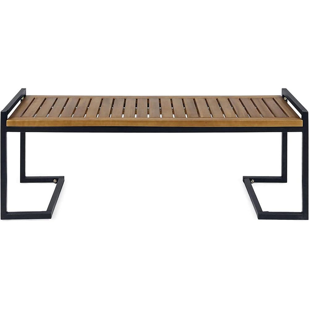 54 in. Teak Finish/Black Metal Outdoor Industrial Acacia and Iron Bench