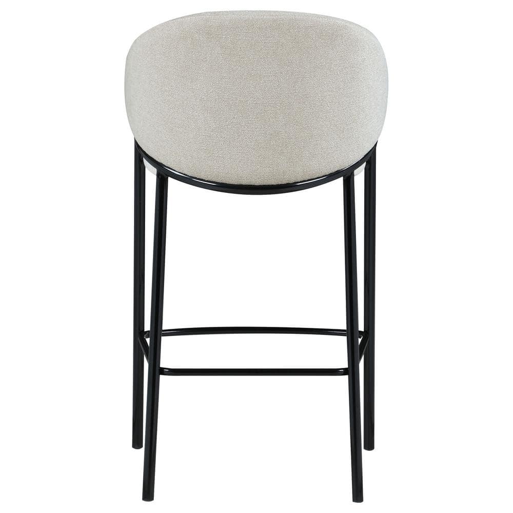 Beige Fabric and Black Metal Bar Height Stools with Sloped Arms