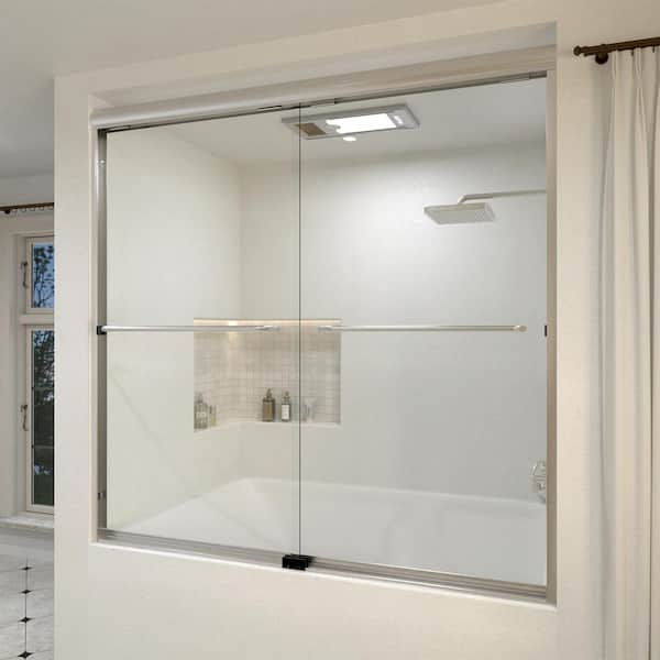 Akoasm 60 in. W x 56 in. H Sliding Bath Tub Door in Semi Frameless in Brushed Nickel with Clear Glass