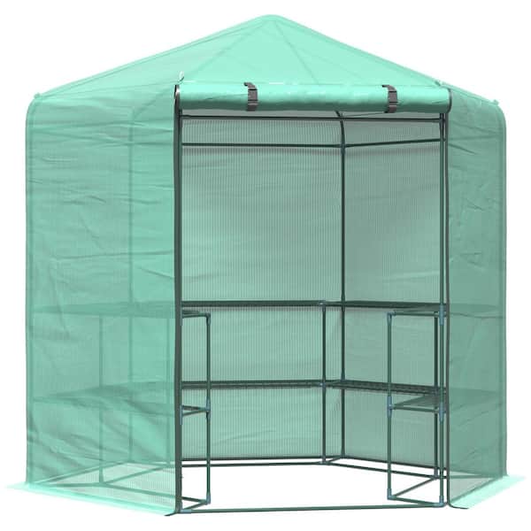 Unbranded 7.5 ft. x 6.4 ft. Walk-In Hexagonal Greenhouse with 3-Tier 10-Shelf Design, Roll-Up Zipper Door for Outdoor Gardens