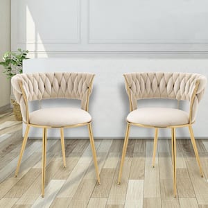 Modern Ivory Velvet Dining Chairs Weaved Backrest Leisure Chair Golden Metal Legs for Kitchen, Living Room (Set of 2)