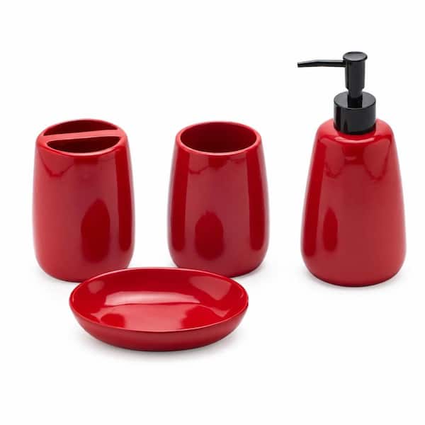 4-Piece Ceramic Bath Accessory Set with Lotion Dispenser, Toothbrush Holder and Tumbler in Bright Red