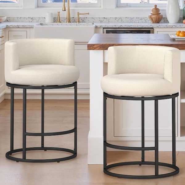 34.7 in. Beige Linen Fabric Swivel Bar Stool with Black Metal Frame Counter Height Fabric Bar Chairs (Set of 2)