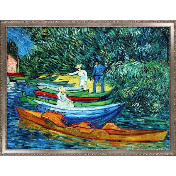 LA PASTICHE Rowing Boats on Banks of Oise by Vincent Van Gogh Versailles Silver Framed Nature Oil Painting Art Print 40 in. x 52 in.