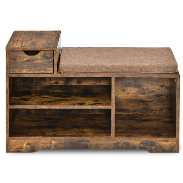 21 in. H x 32 in. W Brown 2-tier Shoe Storage Bench Shoe Rack Organizer Cabinet with Cushion for Entryway