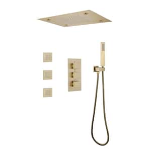 LED Thermostatic 3-Spray Patterns Square Shower Faucet Handheld Shower Combo Kit 3-Body Jets in Brushed Gold