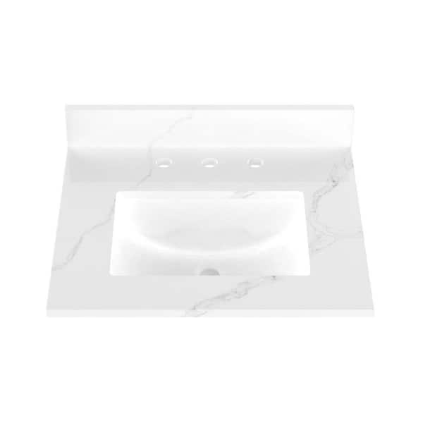 25 in. x 22 in. Qt. Bathroom Vanity Top in Calacatta White with Single White Rectangular Ceramic Sink