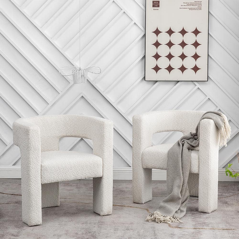 Set of 2 Cream Boucle Barrel Accent Chairs with Wood Frame