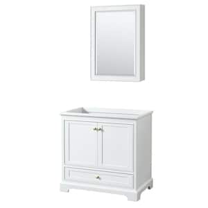 Deborah 35.25 in. W x 21.5 in. D x 34.25 in. H Bath Vanity Cabinet without Top in White with Gold Trim and MC Mirror