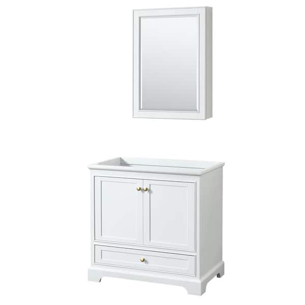 Wyndham Collection Deborah 35.25 in. W x 21.5 in. D x 34.25 in. H Bath Vanity Cabinet without Top in White with Gold Trim and MC Mirror
