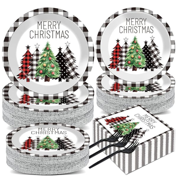 200-Piece Paper Buffalo Plaid Christmas Tableware Set in Black and White Service Set for More Than 30
