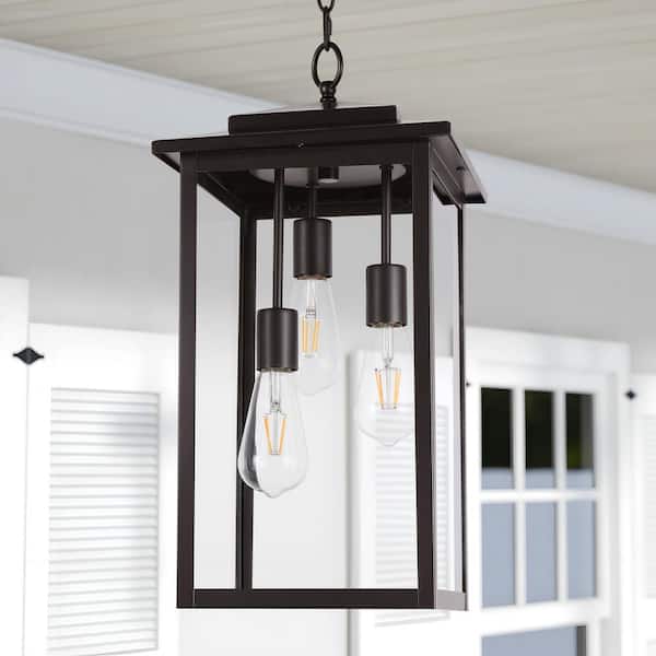 LamQee 21 in. 3-Light Glossy Bronze Outdoor Hanging Pendant Light with Clear Glass
