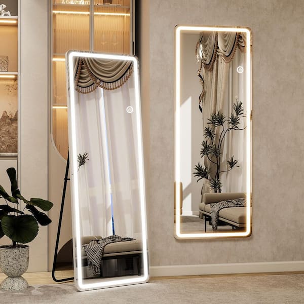 WILLOTED White 21 in. W x 63 in. H Arched Aluminum Framed Led Light Full Length Floor Mirror