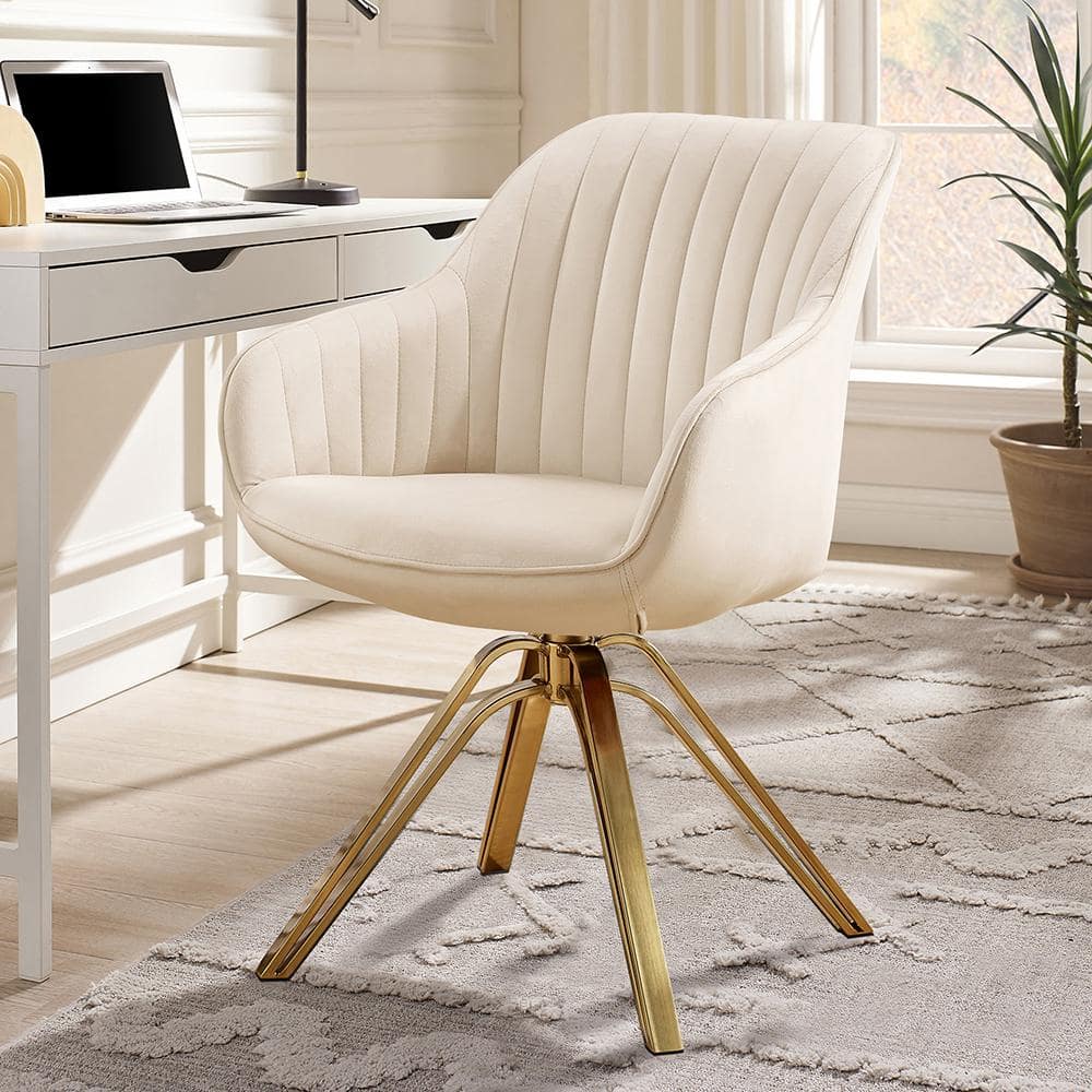 Off-White Contemporary Swivel Accent Chair with Gold Metal Legs