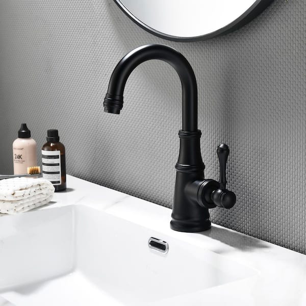 Single Handle Single Hole Bathroom Faucet with 180° Swivel Spout Vanity Sink Taps in Matte Black