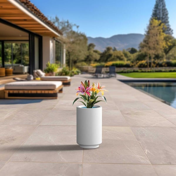 10 in. Large Crisp White (Enhanced Interior) Concrete Round Planter / Pot with Drainage Holes