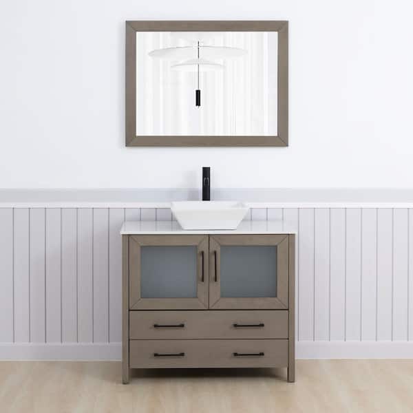 36 in. W Single Basin Driftwood Gray Bath Vanity with White Engineered Marble Top and Mirror