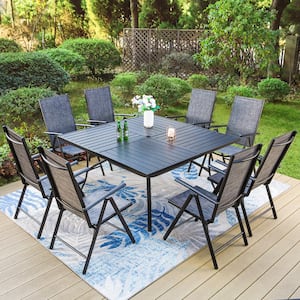 9-Piece Metal Outdoor Dining Set with Square Table and Gray Folding Chairs