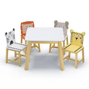5-Piece Wood Top White Cartoon Animals Table Set with Chair