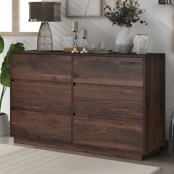 ANBAZAR Modern 6-Drawers Dark Brown Bedroom Storage Dresser 31.4"H x 15.7"W x 47.2"D, Solid Wood Accent Dresser without Mirror