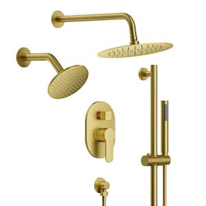 3-Spray Patterns Round Fixed Shower Head 10, 6 in. with  Wall Mount Dual Shower Heads in Brushed Gold