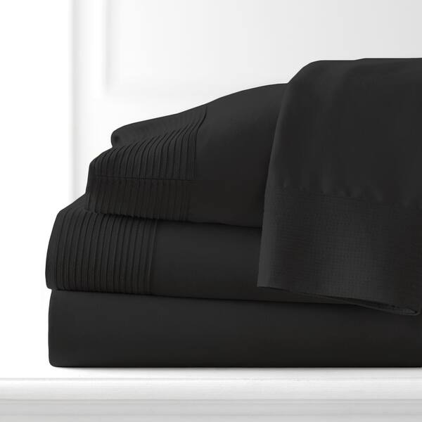 Southshore Fine Linens Vilano Pleated 21 in. Extra-Deep Pocket 4-Piece Black Microfiber Queen Sheet Set