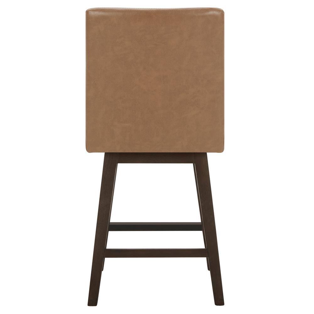 Saddle Brown Faux Leather Swivel Counter Stools with Espresso Wood Frame, Set of 2