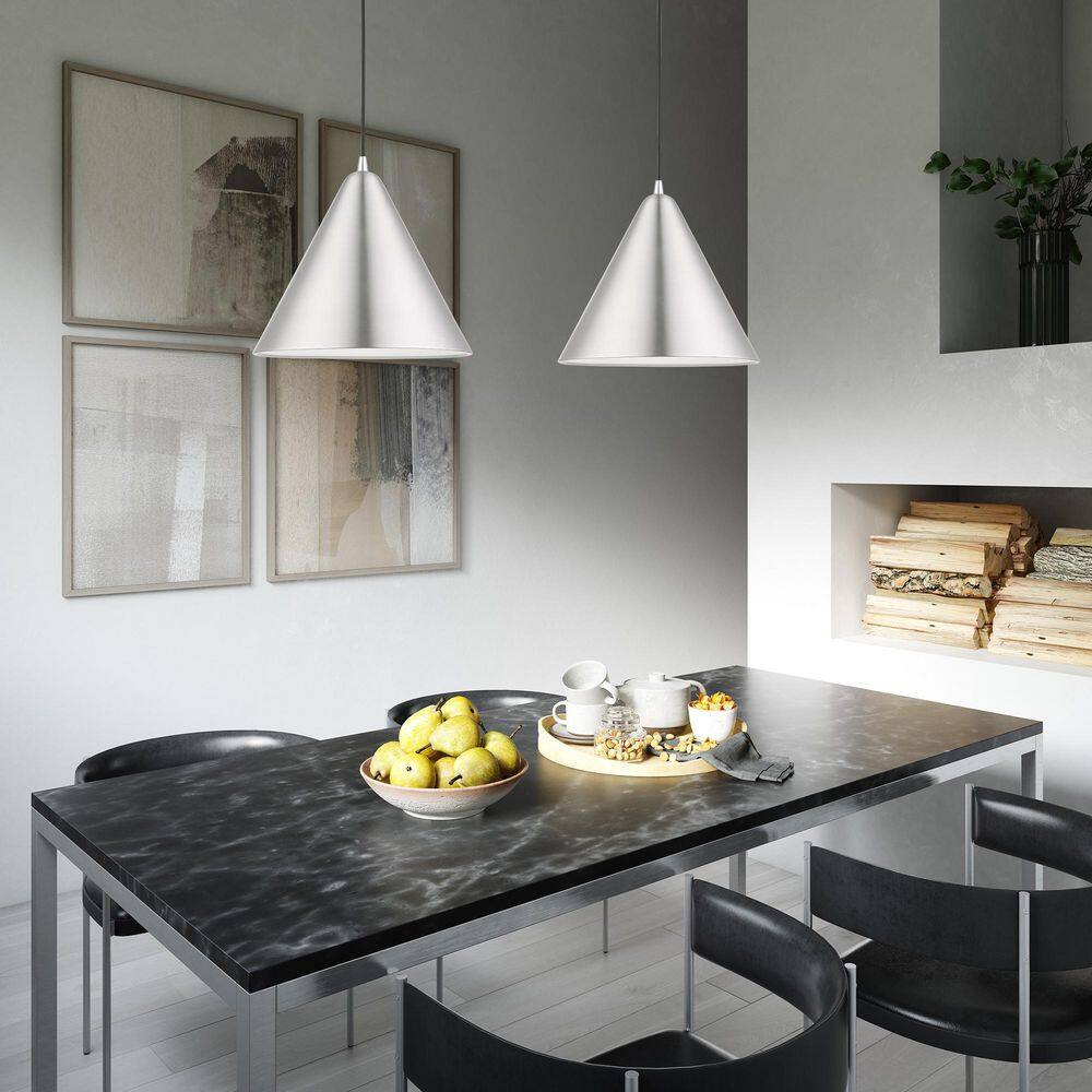 Dulce Brushed Aluminum Pendant with Shiny White Interior, 14" Shade