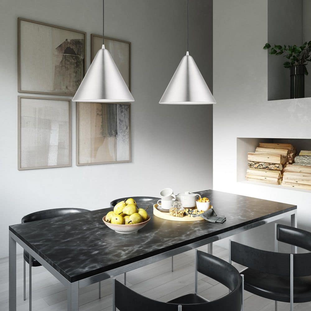 Dulce Brushed Aluminum Pendant with Shiny White Interior, 14" Shade